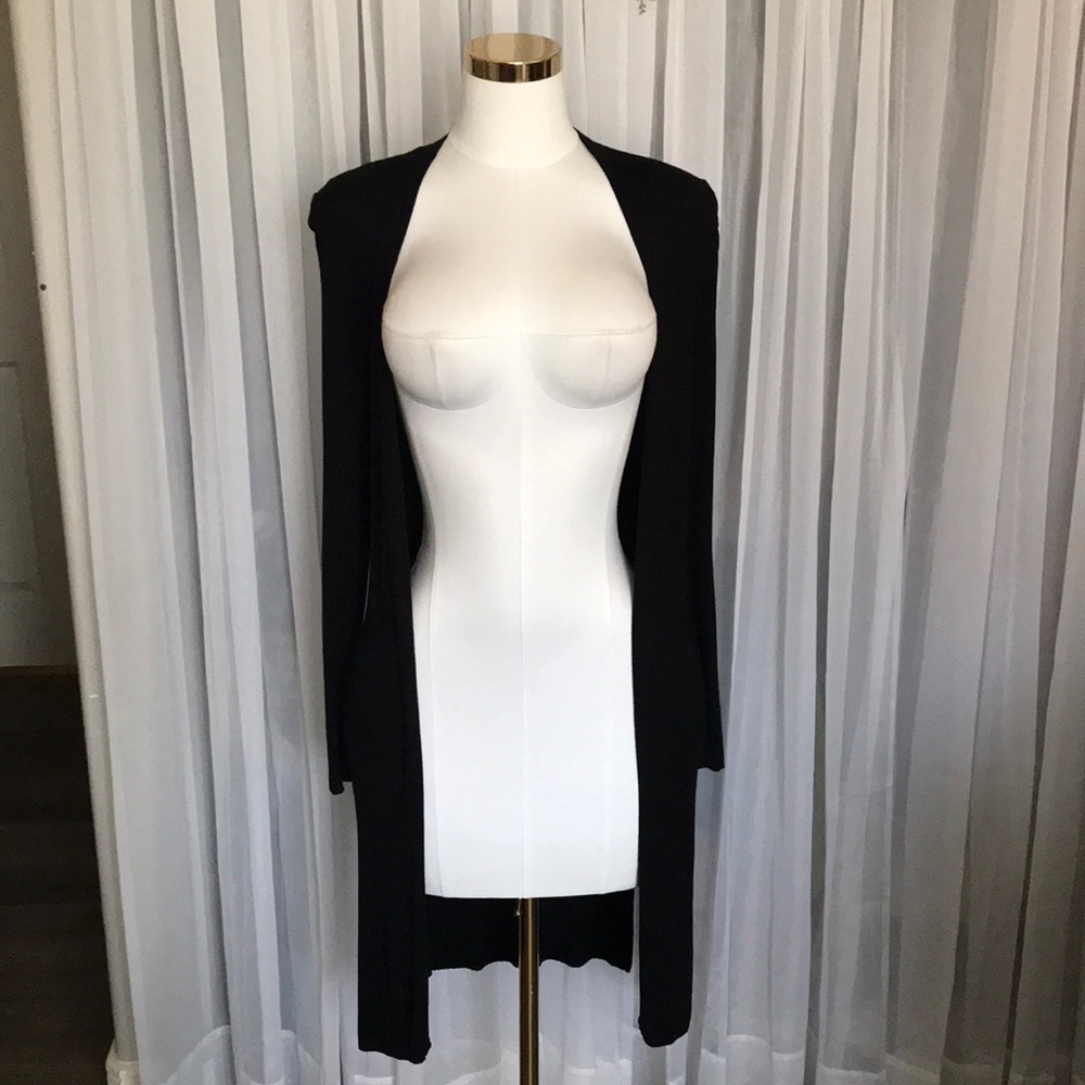 Ribbed Black Long Open Cardigan Side Slits